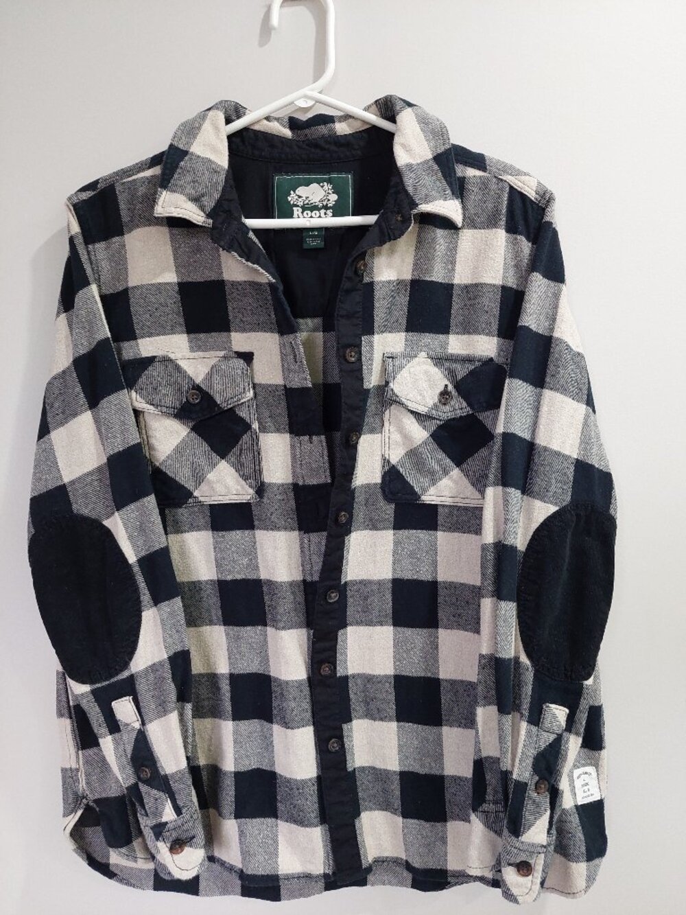Roots Canada Women's L Black Tan Plaid Flannel Shirt Corduroy Elbow Patch